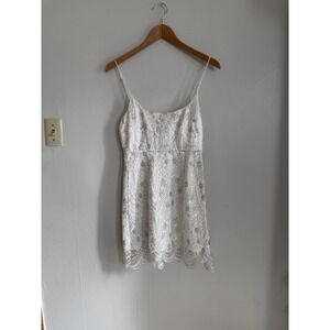 Hello Molly White Lace  Eyelet Slip Mini Dress Sequin Embroidery Scalloped Hem 4